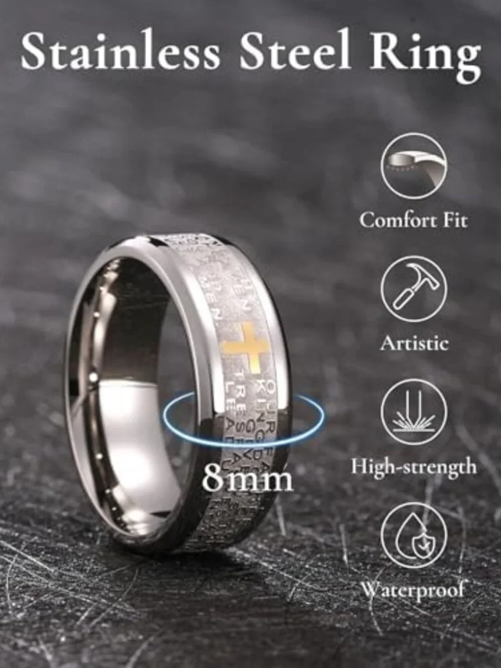 Stainless Steel Men's Wedding Ring with Lord's Prayer & Cross, Comfort Fit Band